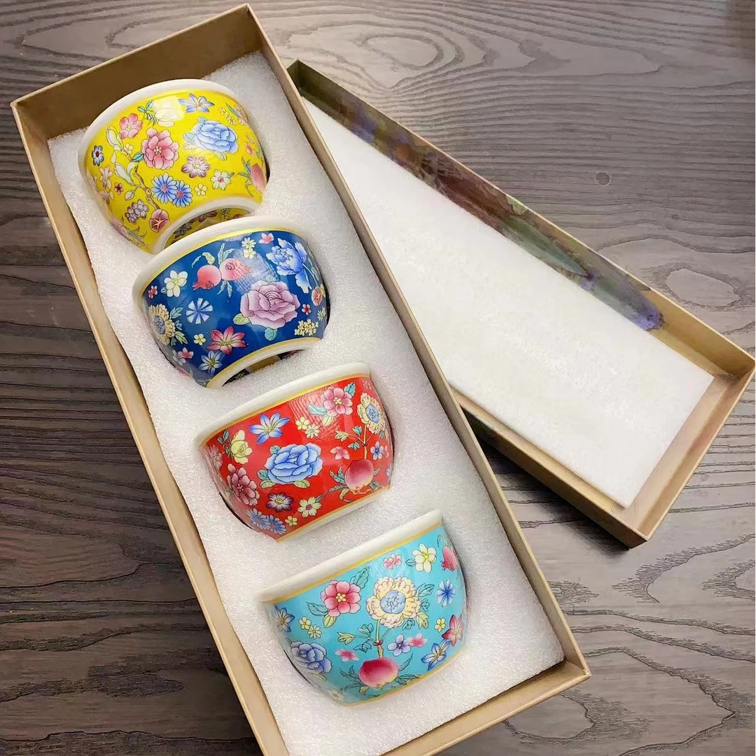 新式珐琅彩彩桃四色礼盒装一套景德镇茶杯