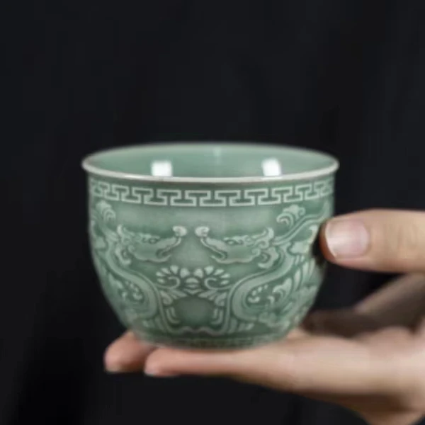 龙泉青瓷祥龙双龙陶瓷茶杯单杯品茗主人茶盏