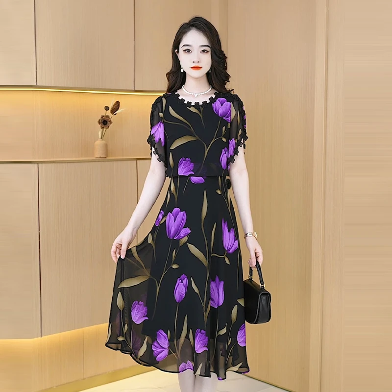 【连衣裙】春季夏季轻奢时尚修身遮肚印花气质显瘦收腰女装连衣裙
