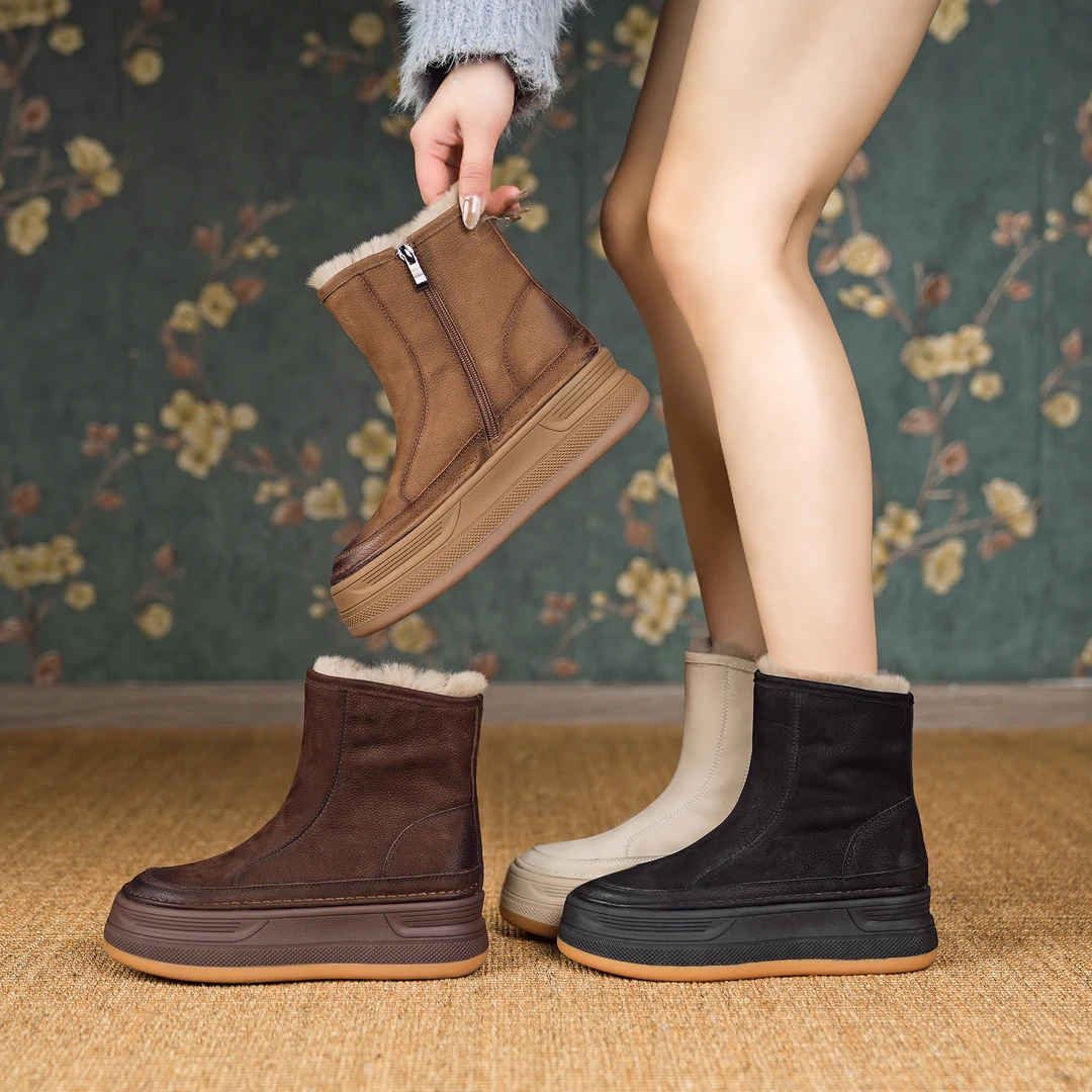 【新品】真皮复古雪地靴女2025年秋冬新款马丁靴显瘦厚底短靴 13095