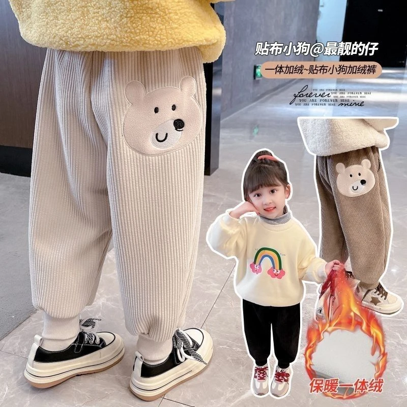 巴拉甄选女童加绒加厚裤子秋冬装新款中小童保暖可爱卡通休闲一体