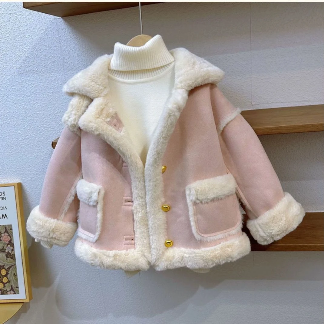 巴拉甄选女童外套秋冬季新款儿童韩版洋气加绒皮毛一体大衣女宝宝