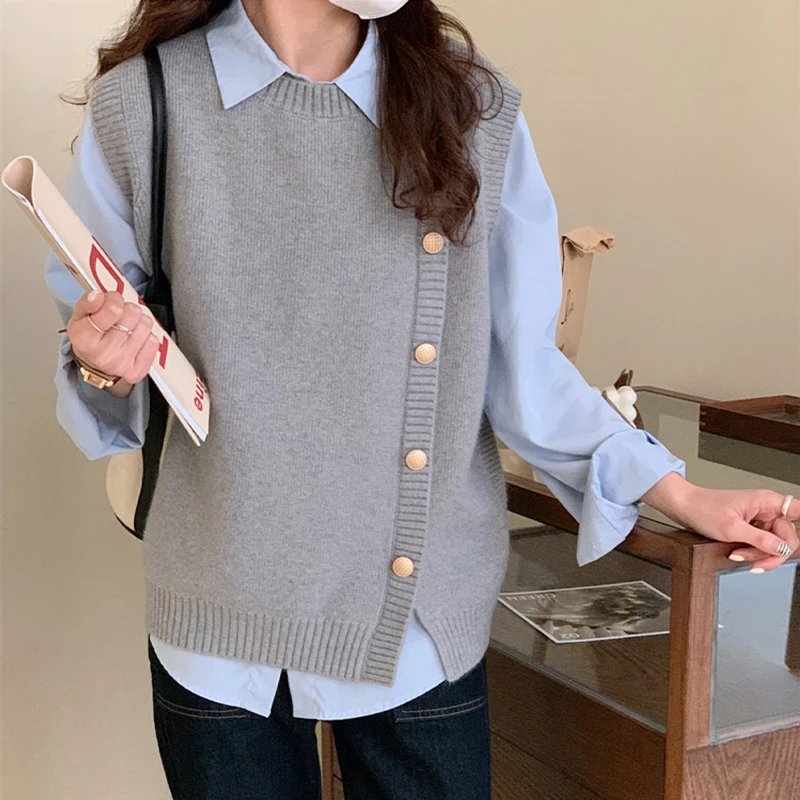 圆领针织马甲背心女2025春秋新款宽松外穿马夹开叉外搭毛衣坎肩潮