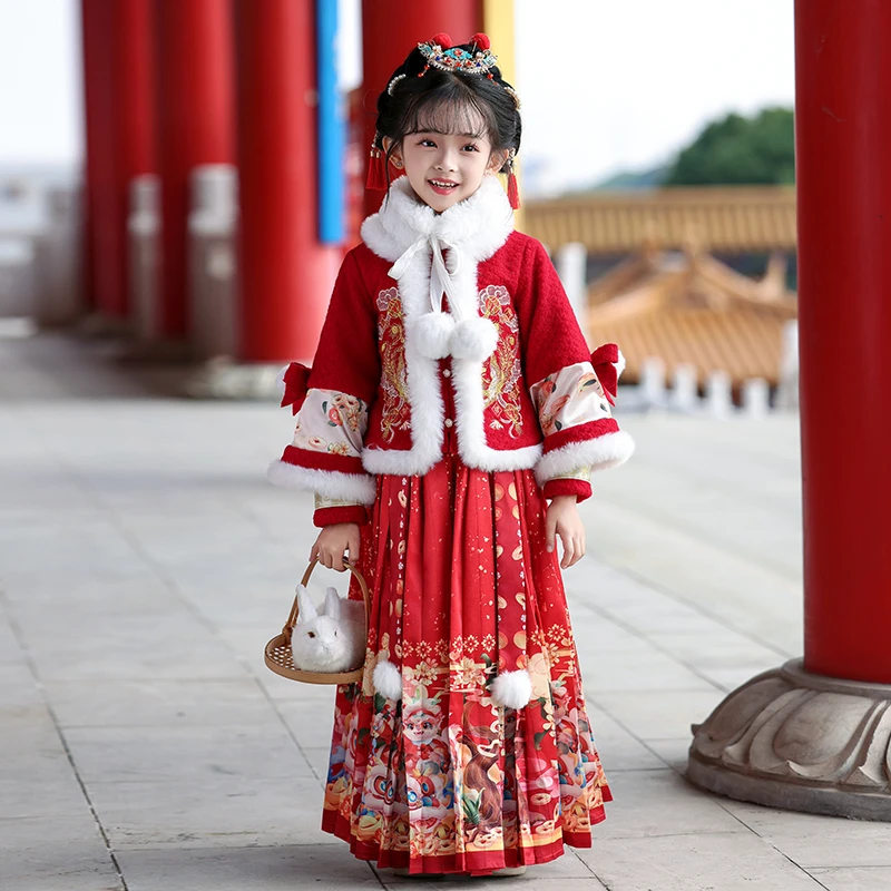 马面裙女童冬季套装2024新款春秋新中式上衣女孩亲子红色儿童汉服