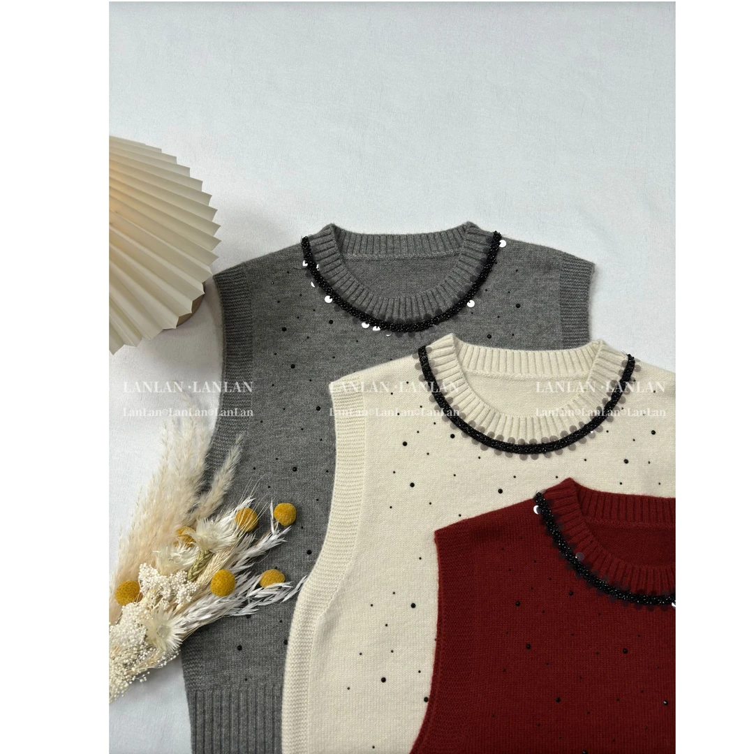 【黑曜星光】#1601圆领针织马甲背心女2024秋冬新款宽松外穿马夹