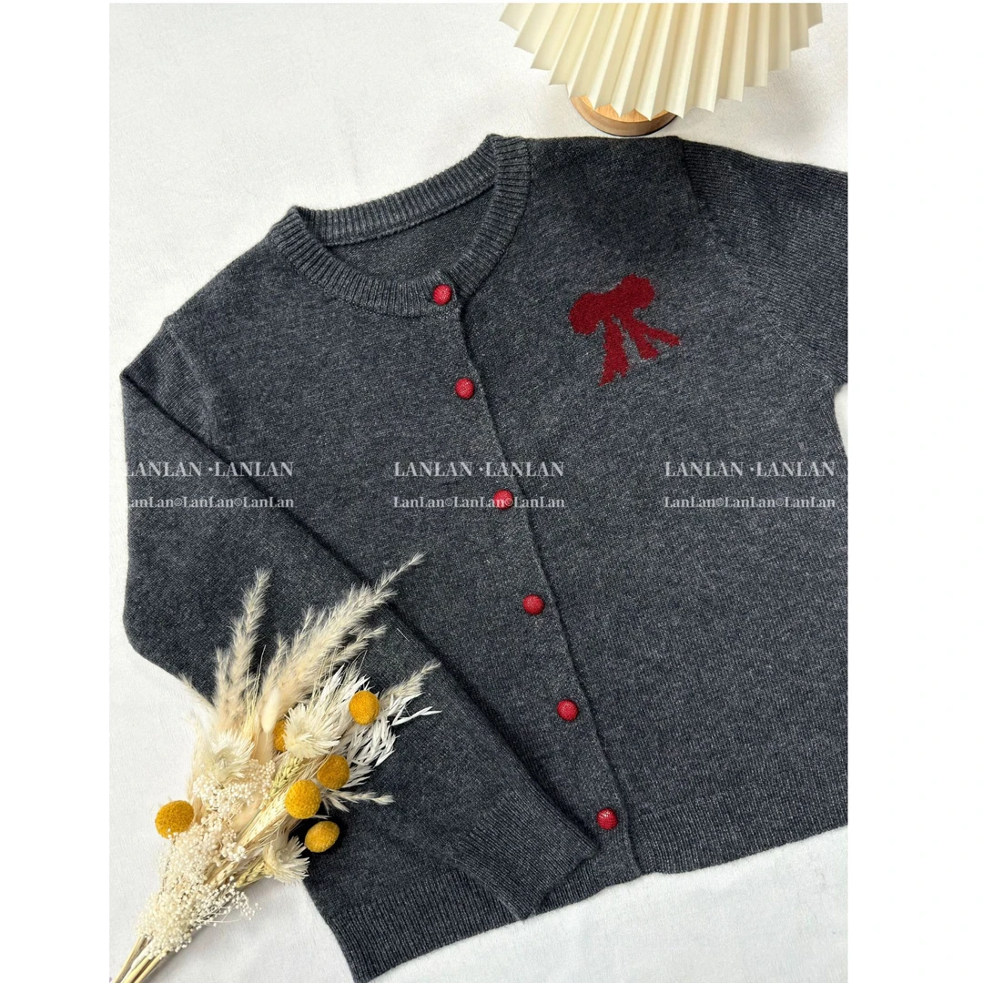 【烟灰蝴蝶】#1608烟灰色双层加厚领韩系针织开衫女毛衣外套