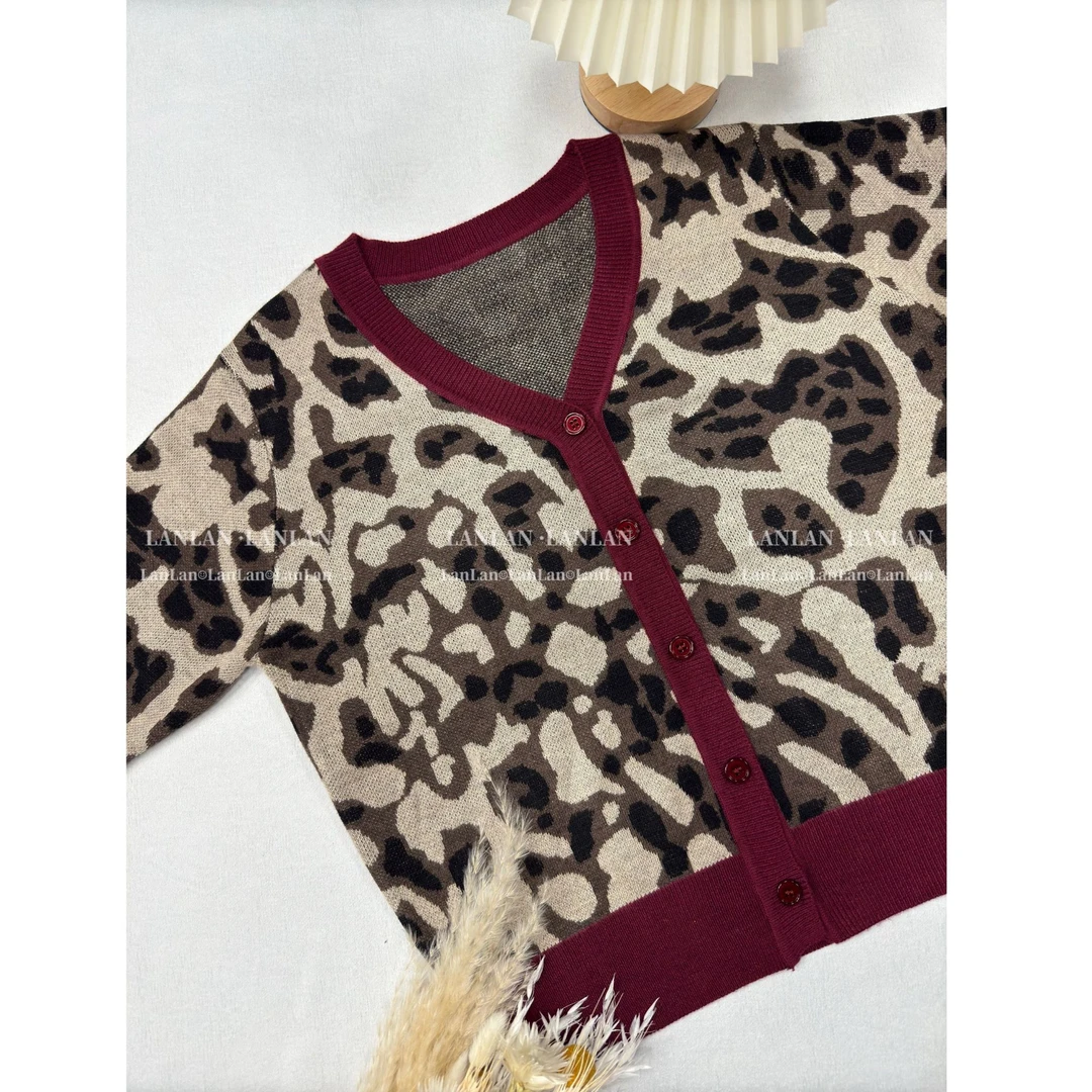 【兰兰精选】#1624欧洲站豹纹开衫女2024年秋季新款拼色毛衣外套