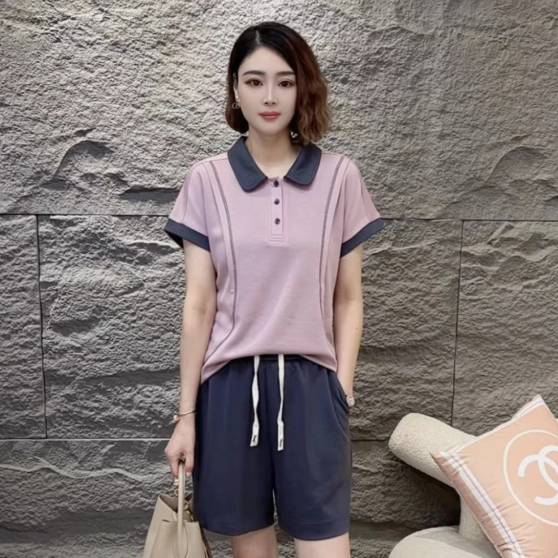 两件套休闲运动套装撞色拼接夏季新款撞色拼接明线拼接时尚休闲