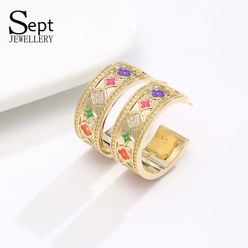 铜合金耳饰 《货号6312》老花 多彩花朵立体雕刻C圈耳环