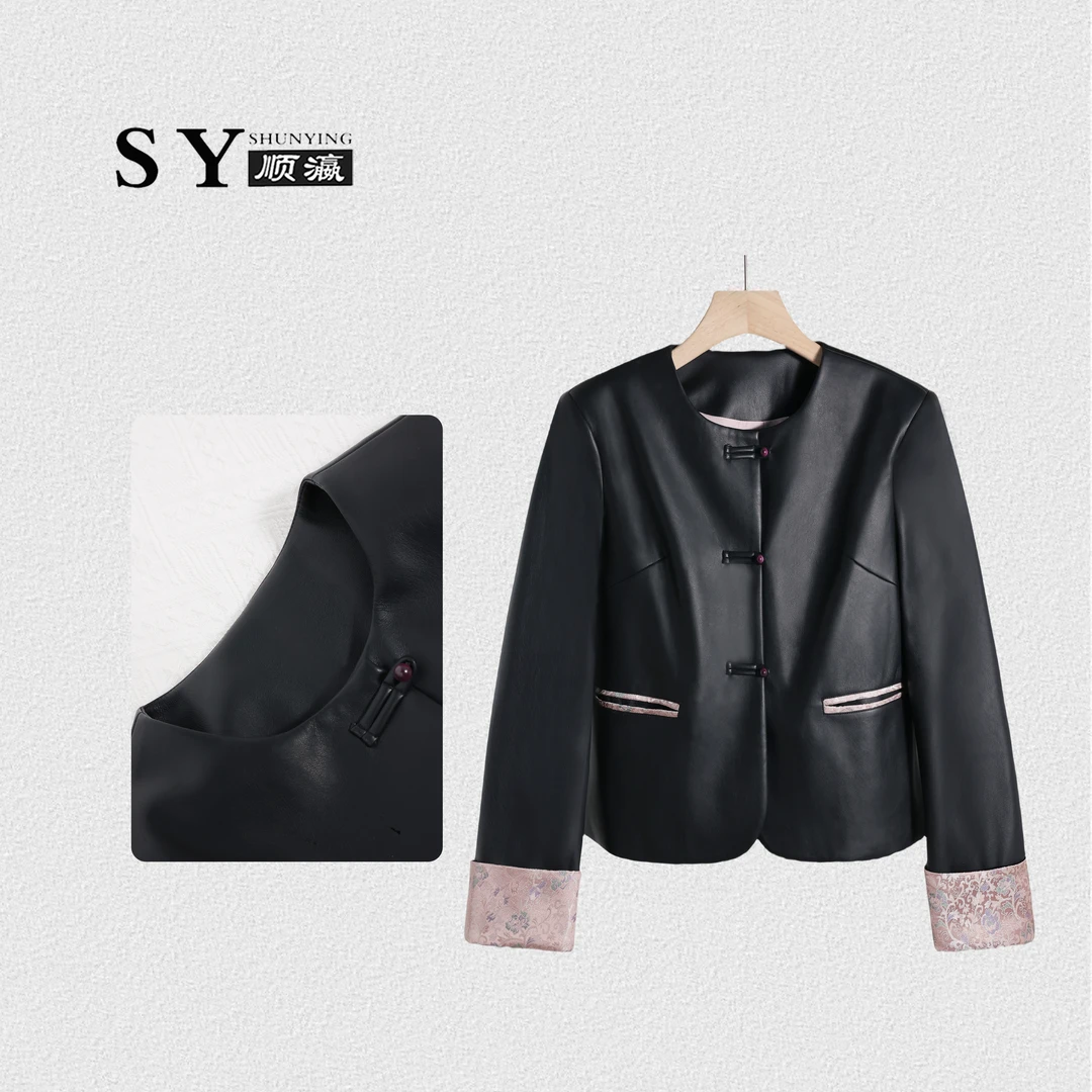 【顺瀛】新中式国风皮衣女撞色短款夹克炸街上衣早春穿搭外套SYA85