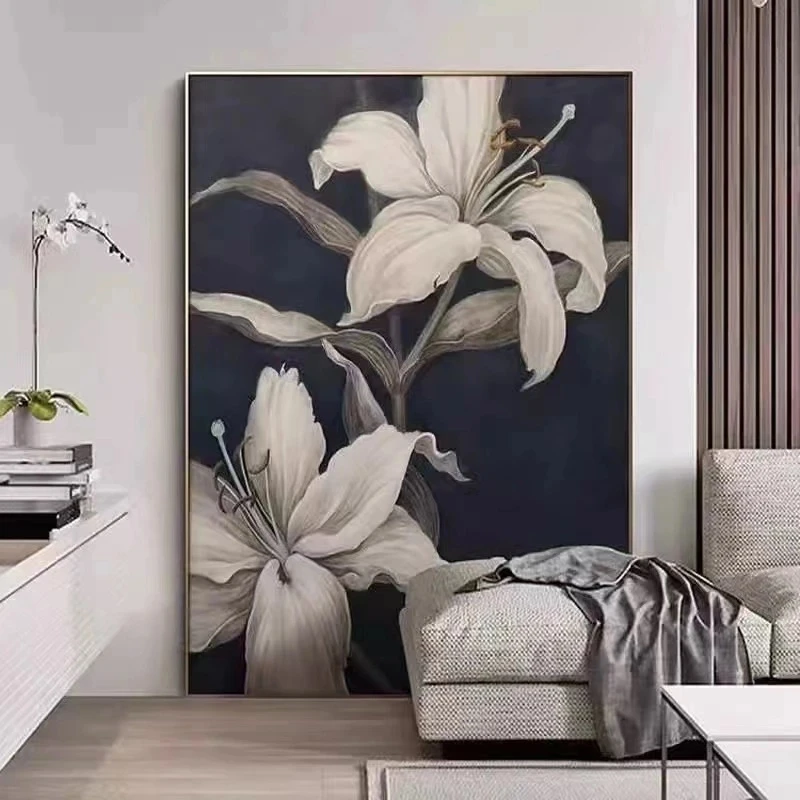 现代黑白色百合花卉砂岩装饰画客厅玄关油画卧室画现代简约风格