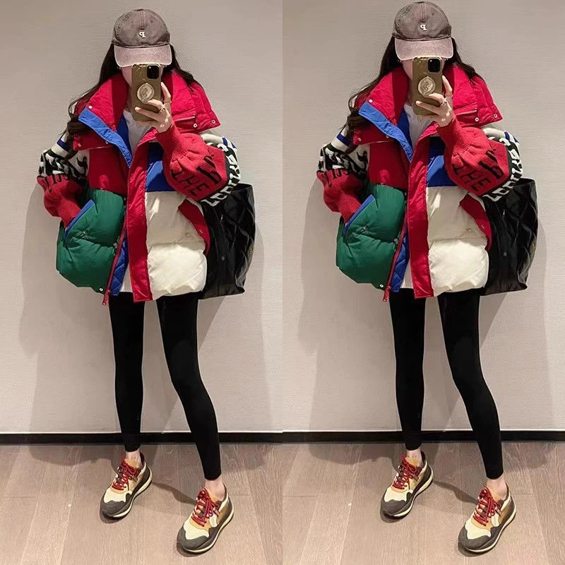 撞色拼接针织袖洋气羽绒服女欧洲站2023冬新款欧货设计感加厚外款