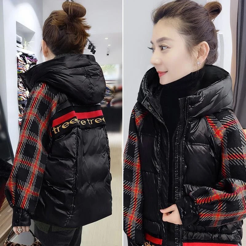 复古小个子格子轻薄连帽短款羽绒棉服欧洲站冬季女装新款欧货外款