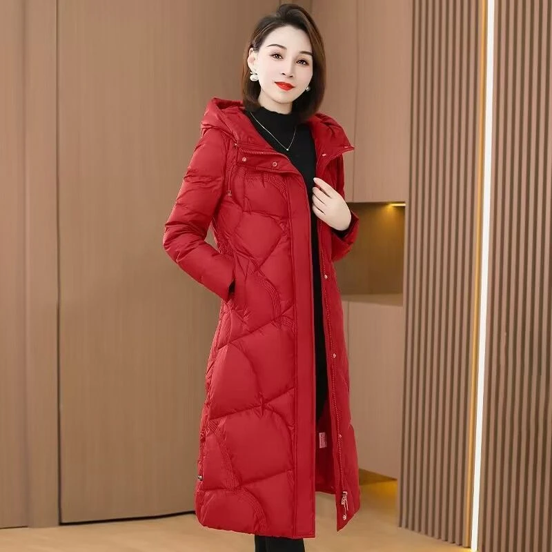 2023年冬装新款羽绒服女时尚加厚连帽气质显瘦中长款白鸭绒外套款
