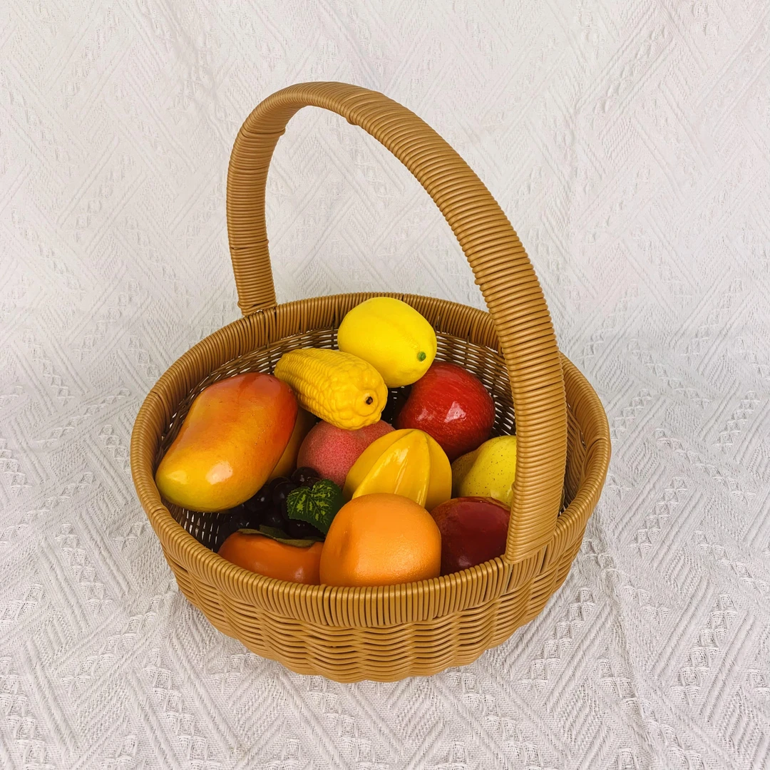 C22圆形家用购物篮手提篮仿藤户外野餐篮南瓜篮纯手工编织30*12