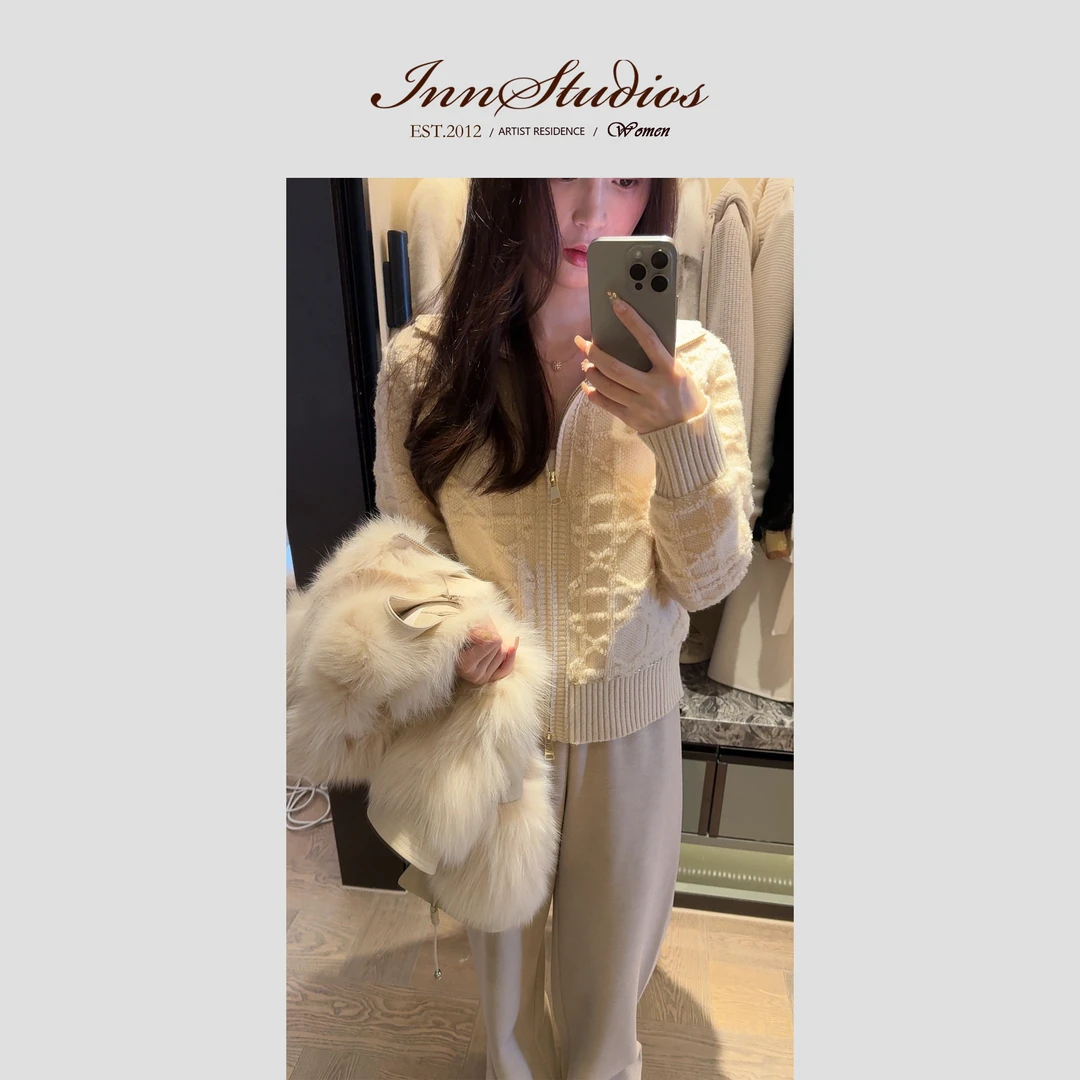 Innstudios「戴妃格」金闪闪格纹细闪100%羊毛针织外套