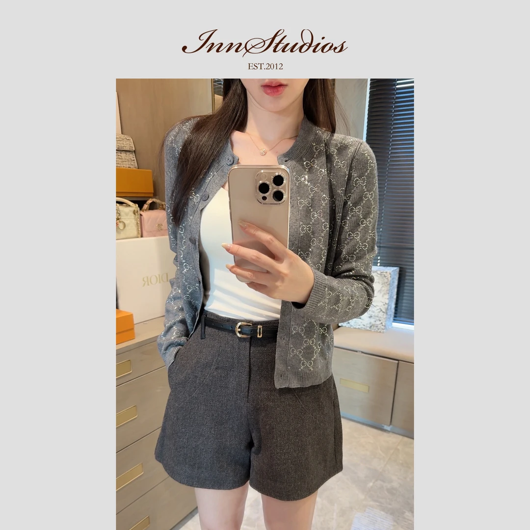 Innstudios 格雷灰烫钻针织开衫