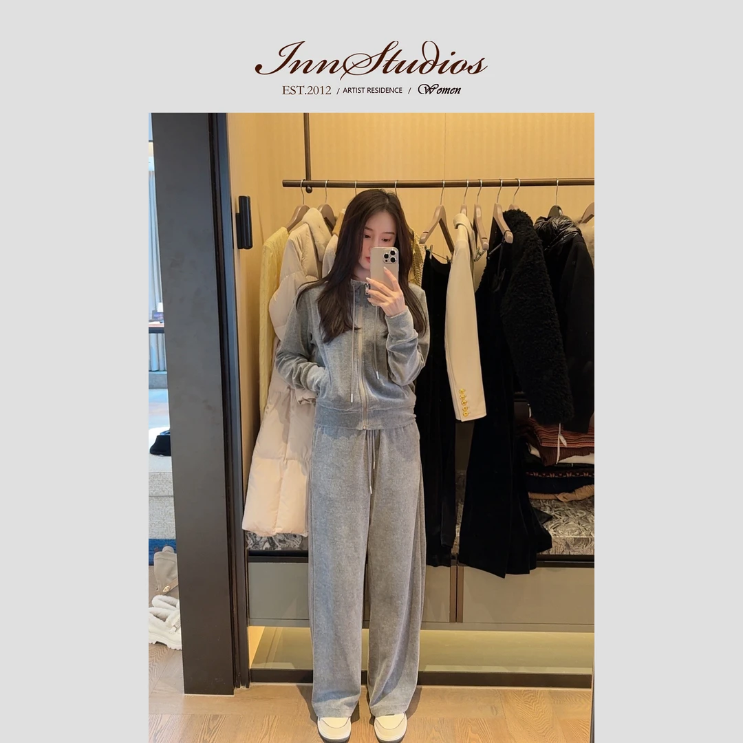 Innstudios「灰天鹅」高品质灰色天鹅绒休闲运动套装