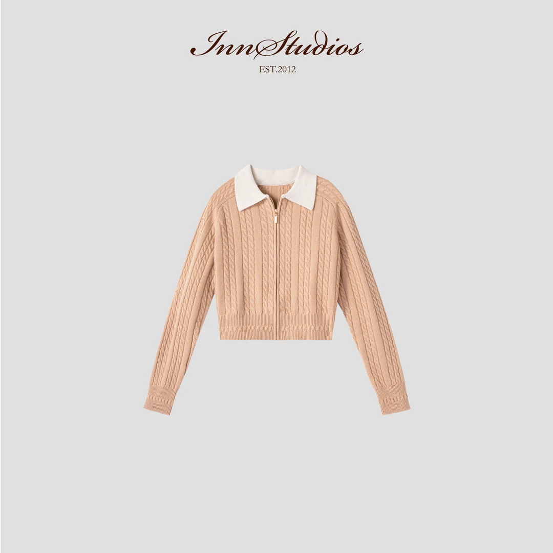 Innstudios 撞色领拉链麻花针织外套