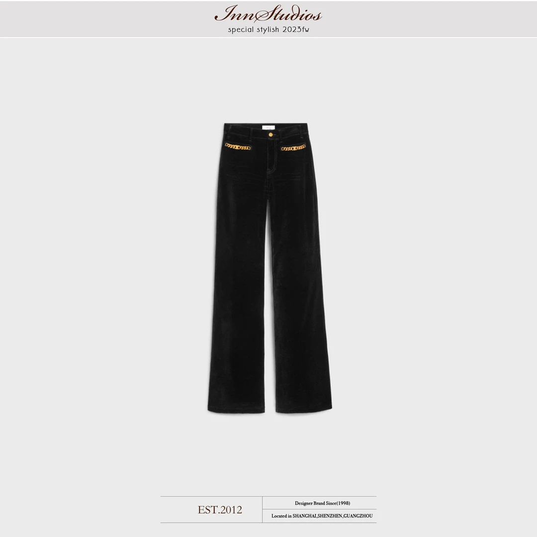Innstudios“丝绒牛仔裤神裤”微直筒 金色链条黑色丝绒棉裤