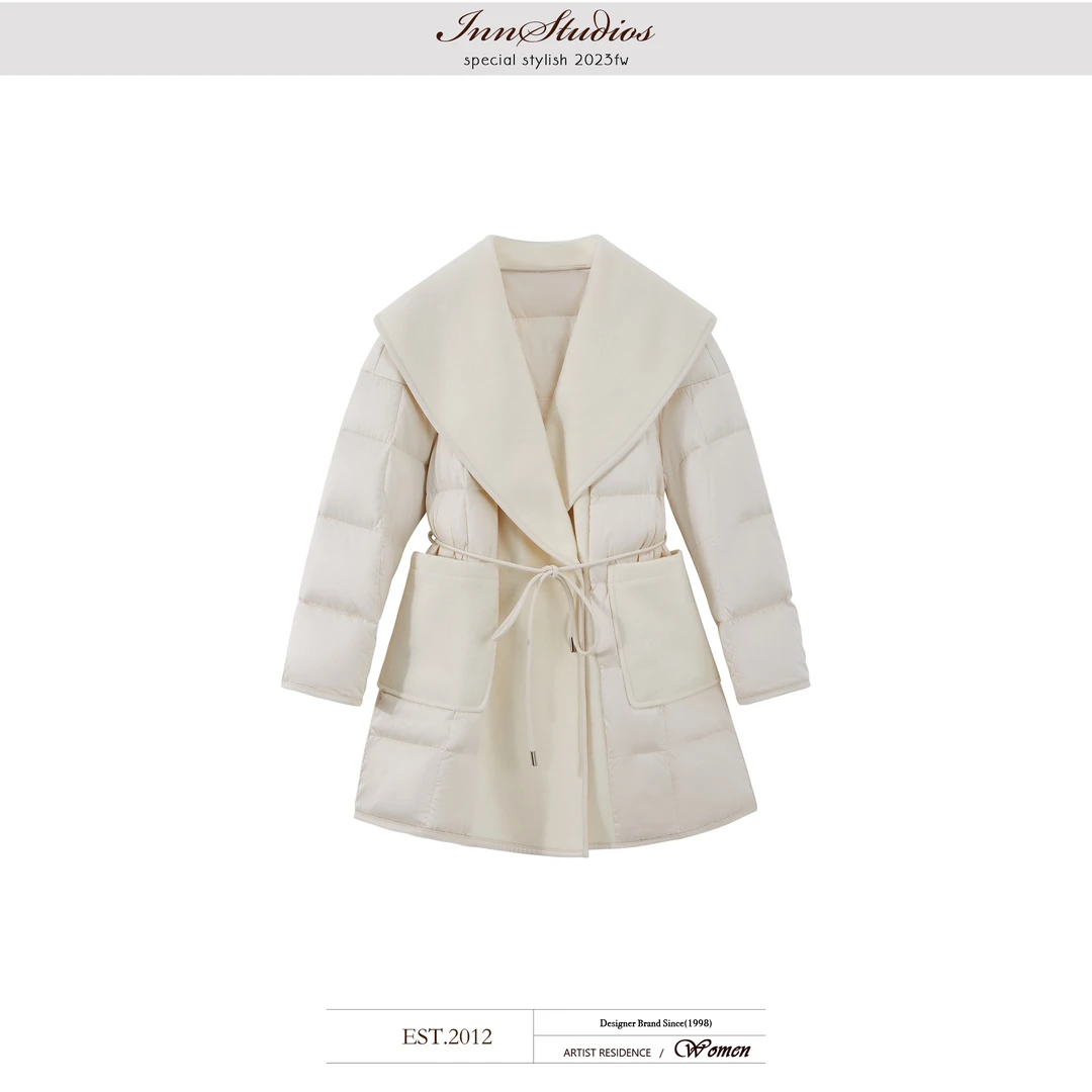 Innstudios 拼接领中长款轻奢简约气质收腰百搭香风羽绒服