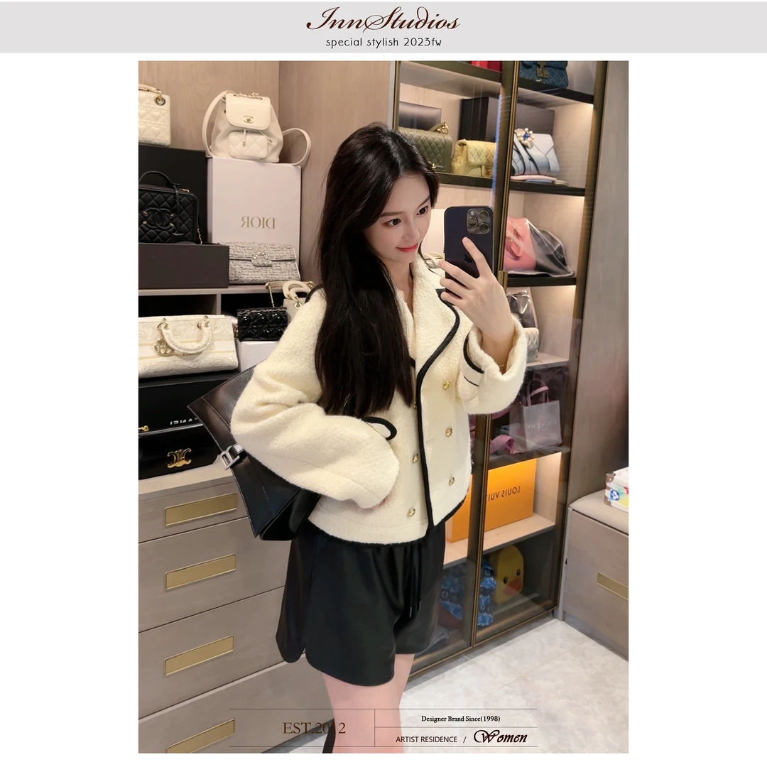 Innstudios“coco小香”奶香白小香羊毛翻领短外套1