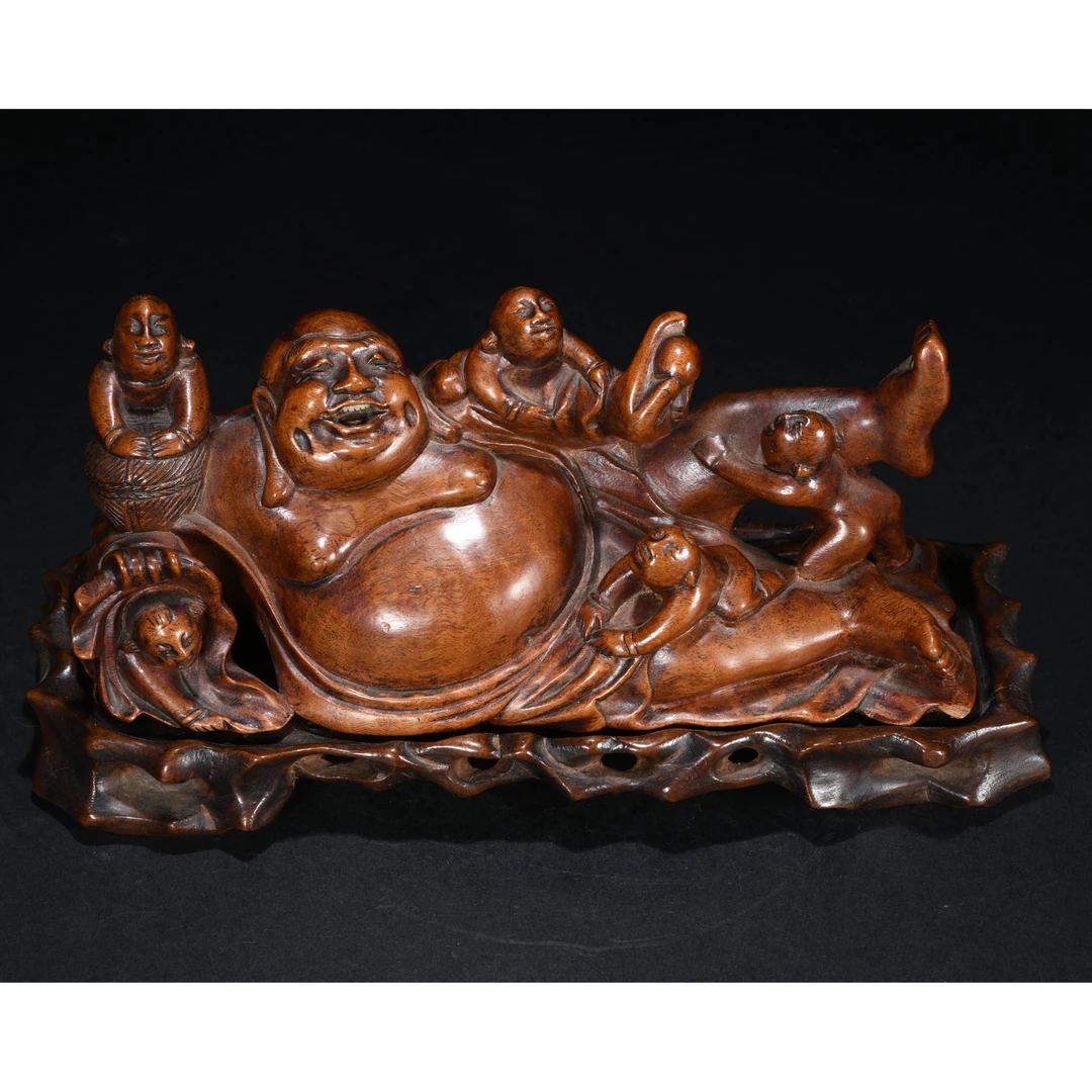 lot15:清 龙眼木雕五子戏弥勒摆件