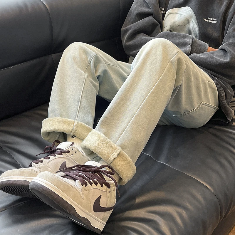 冬季加绒加厚保暖宽松直筒修身牛仔裤男士休闲高端潮流美式松紧腰