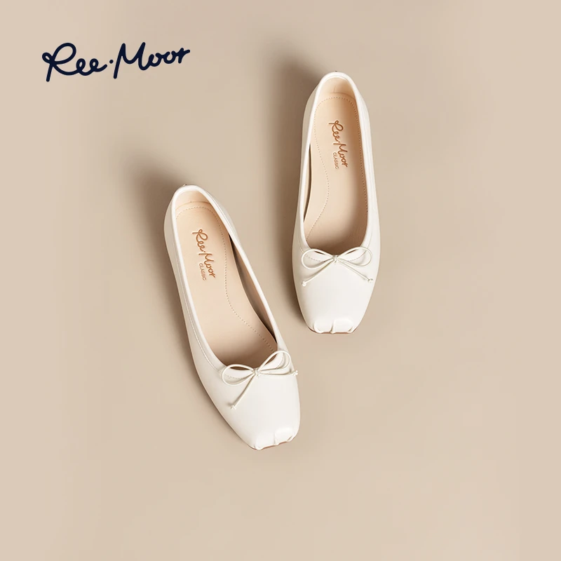 REEMOOR睿慕2024秋冬新品百搭蝴蝶结方头平底粗跟浅口单鞋R224K2