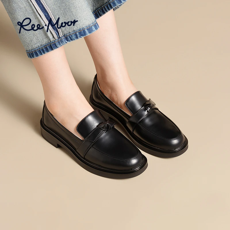 REEMOOR睿慕2025年秋季新款厚底真皮乐福鞋英伦风黑色皮鞋R38488