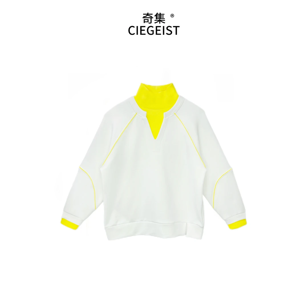 2024冬装设计师款假两件加绒加厚拼色宽松大版长袖高领卫衣2065