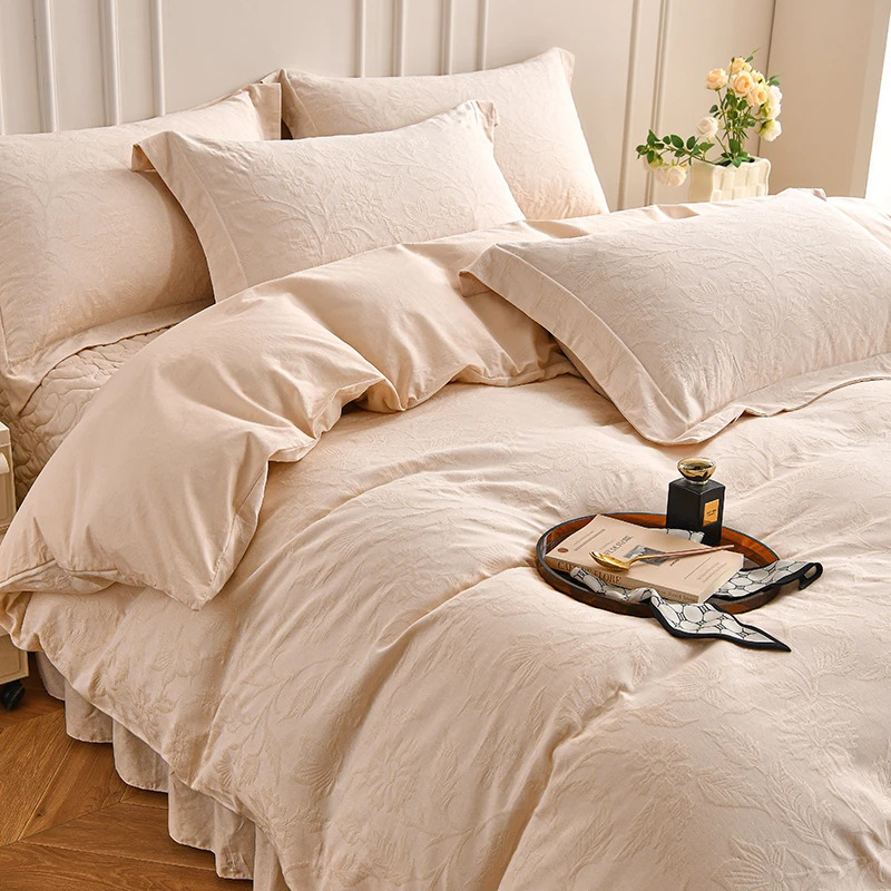 A类母婴级四件套纯棉全棉色织水洗提花被套纯色夹棉床单简约高端