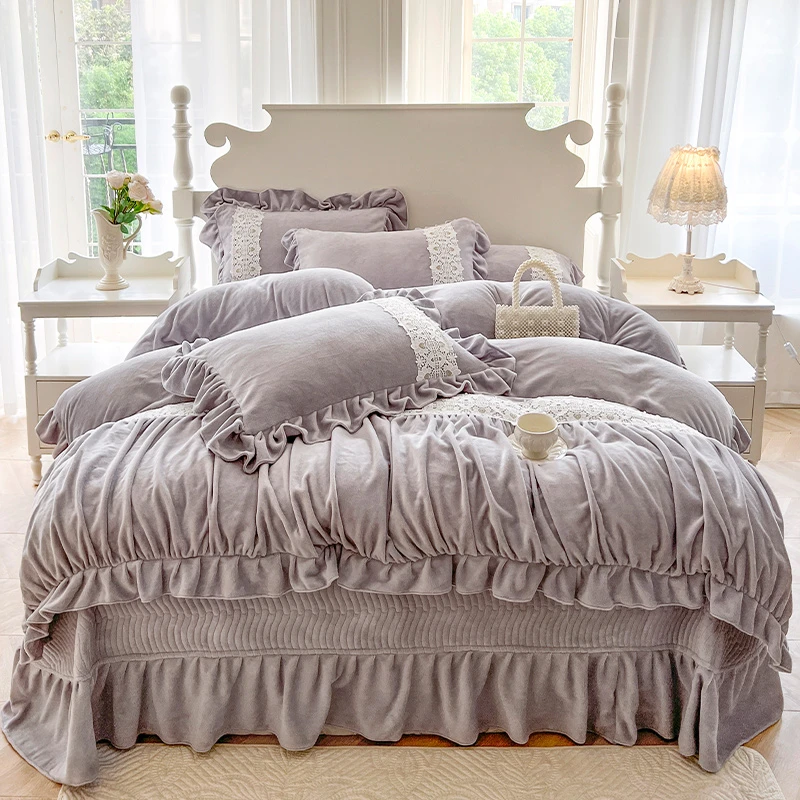 床盖款牛奶绒四件套加厚双面绒被套韩版珊瑚绒夹棉床单公主风冬季