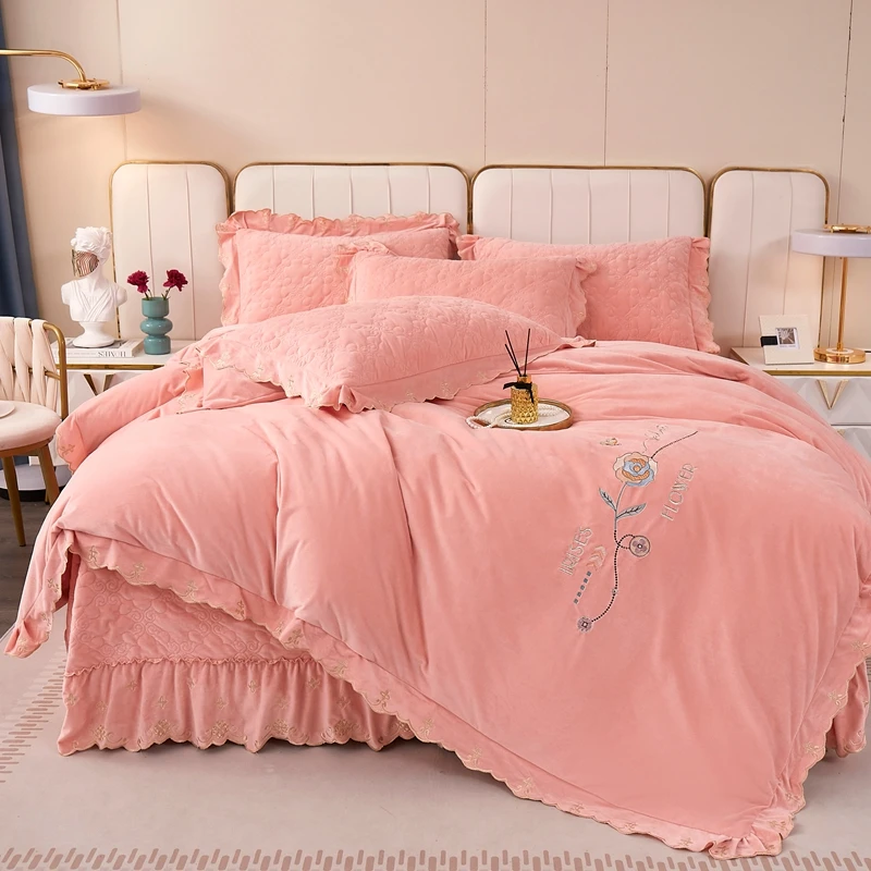 婴儿绒牛奶绒刺绣床盖款四件套纯色加厚双面绒被套牛奶绒不掉毛冬
