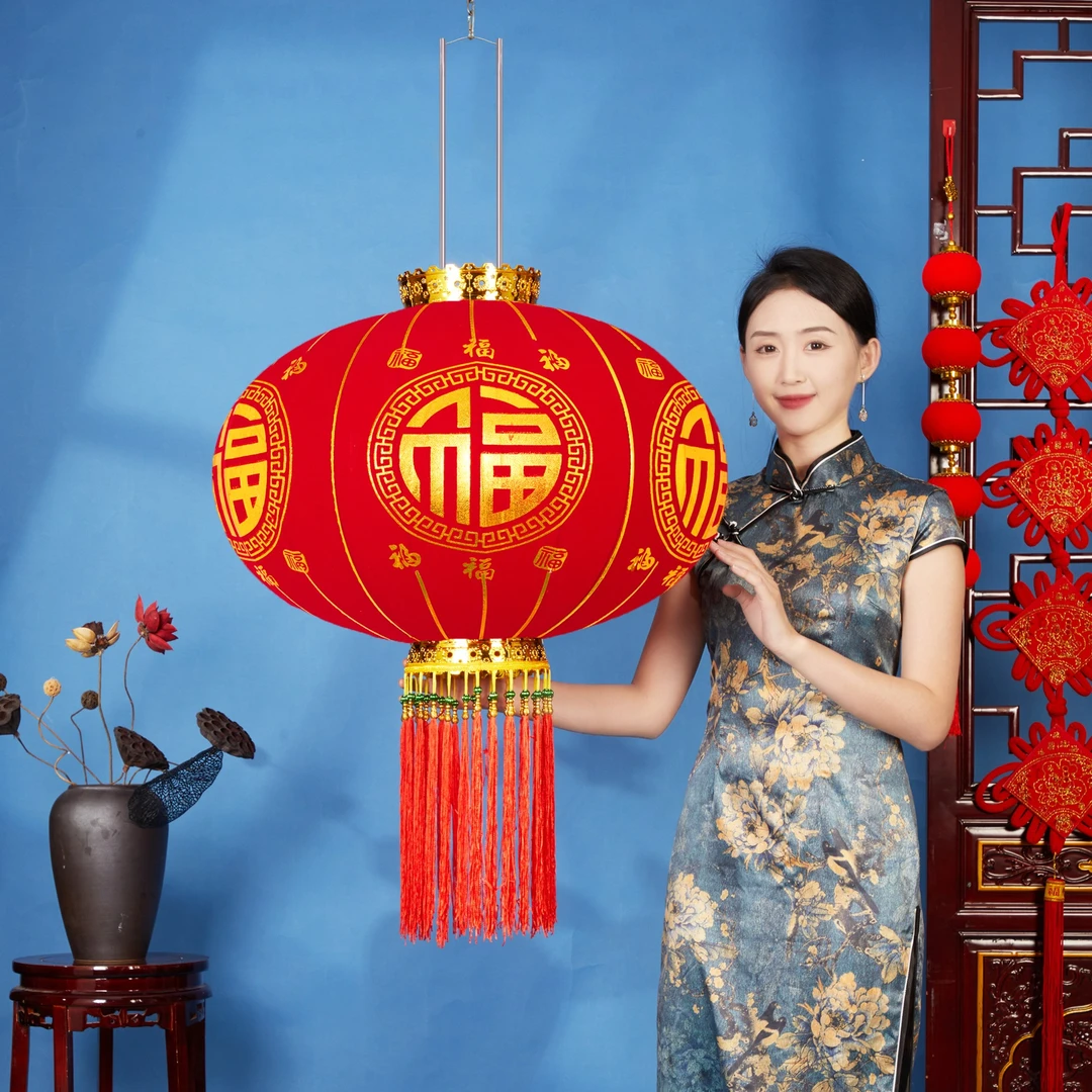 2024新年大红灯笼元旦春节大门口阳台长杆金六福款式一对