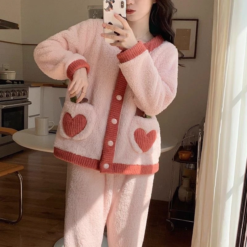 开衫珊瑚绒睡衣女秋冬季加绒加厚两件套甜美可爱法兰绒新款家居服