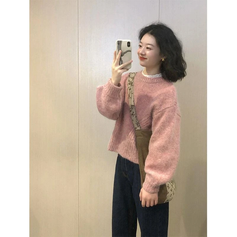 粉色短款软糯浣熊绒套头毛衣女秋冬冬季加厚小个子外穿打底针织衫