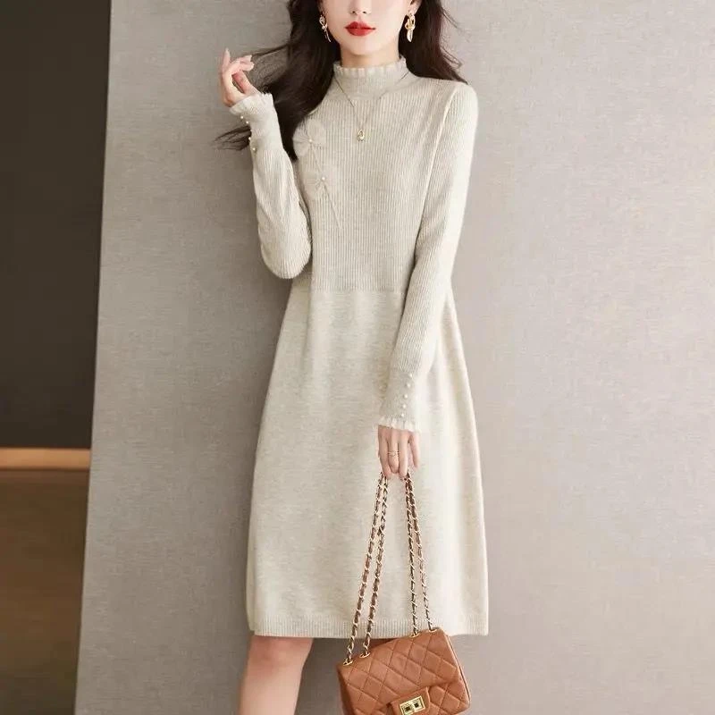 2023秋冬加绒加厚中长款毛衣连衣裙配大衣内搭打底半高领针织衫女