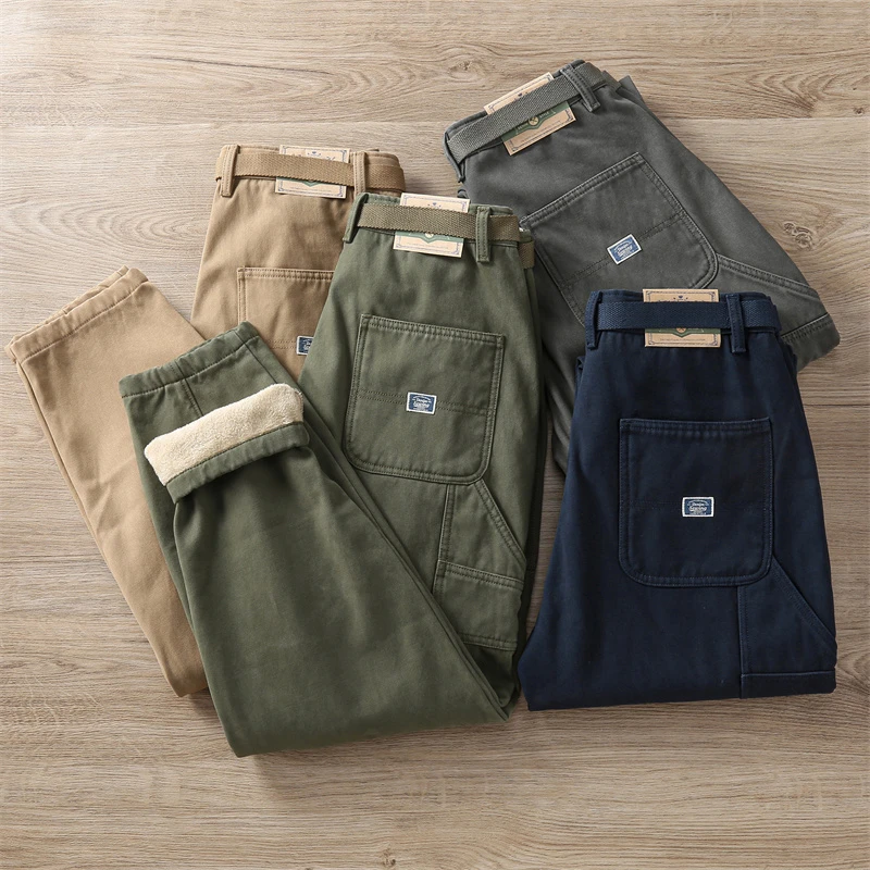 冬季美式工装重磅加绒加厚休闲裤 男士复古潮流口袋设计小直筒裤