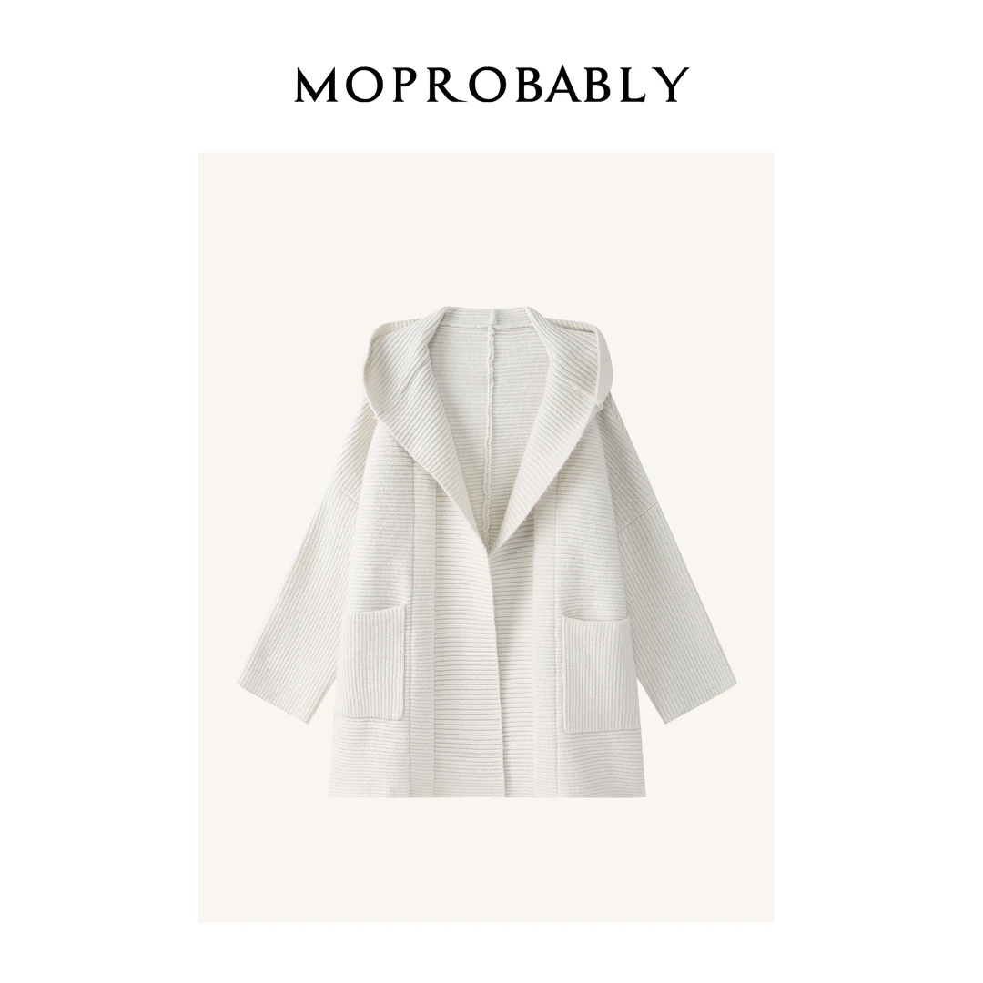 Moprobably李予诺「白皇后」慵懒百搭纯色连帽针织开衫L4477333