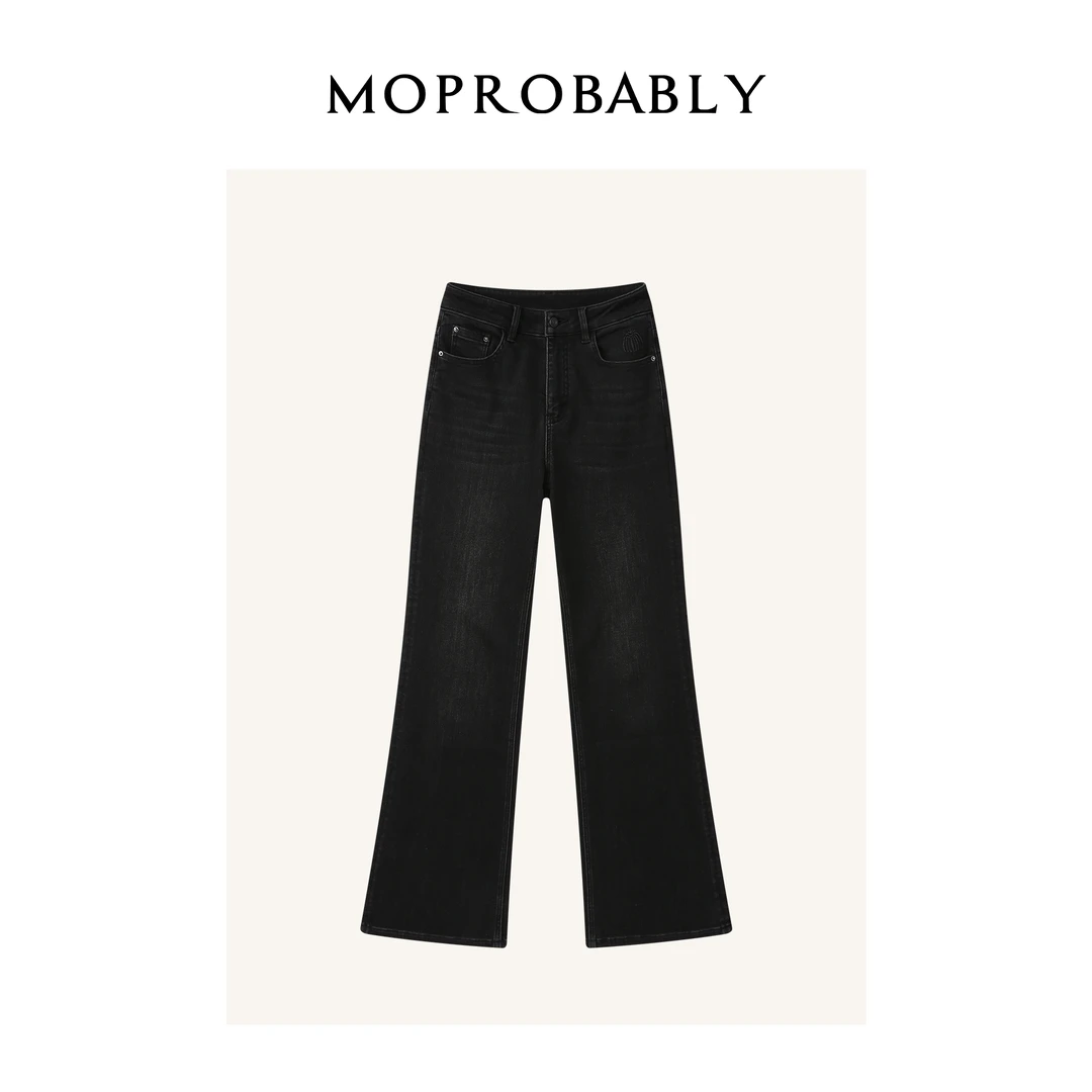 Moprobably李予诺「冬日摩登」百搭显瘦加绒微喇牛仔裤L4473316