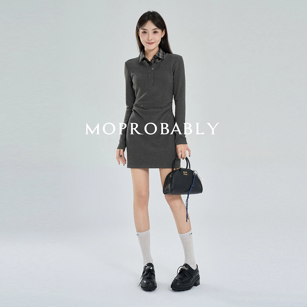 Moprobably李予诺「墨格裙」法式风假两件POLO领连衣裙L4352305