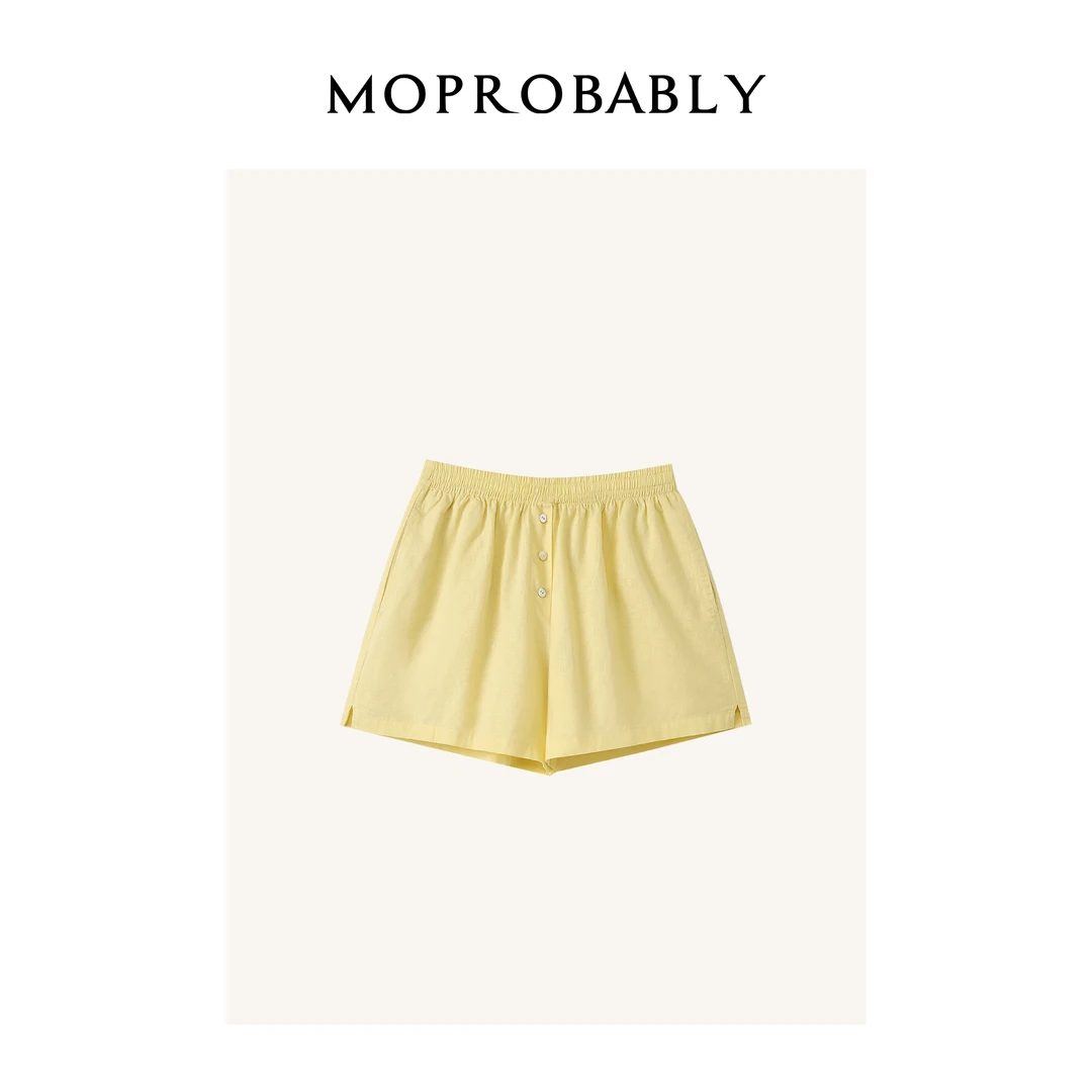Moprobably予诺「麻特短裤」 松紧腰小开叉纽扣亚麻短裤L4263031