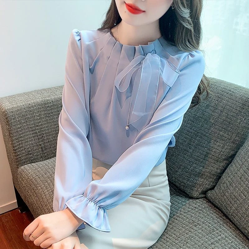 蝴蝶结长袖雪纺衬衫秋2025年新款显瘦百搭上衣时尚洋气小衫女