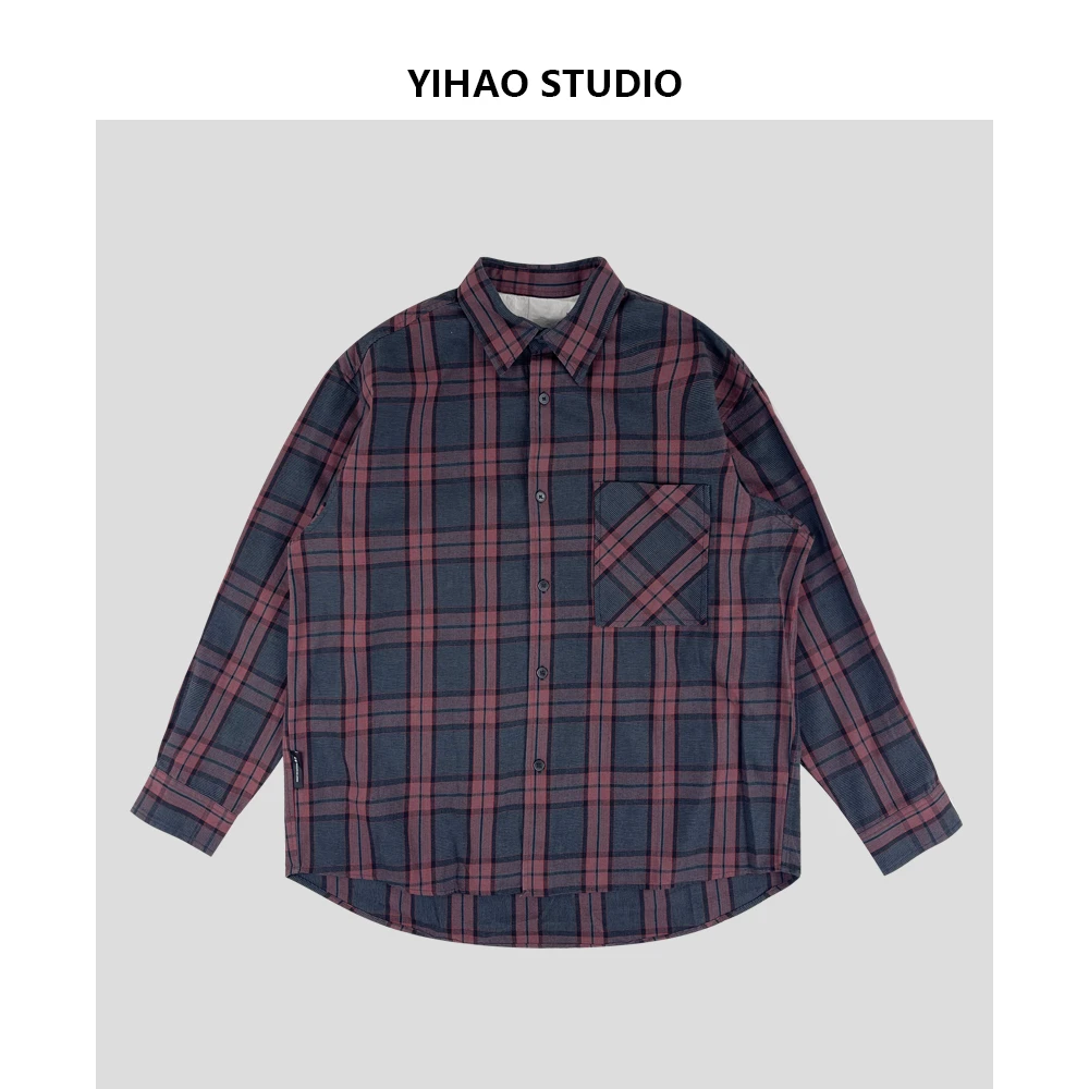 YIHAO STUDIO秋款男士红格子衬衫经典宽松百搭格仔长袖衬衣
