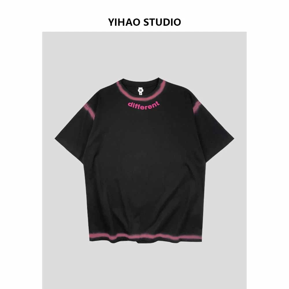 YIHAO STUDIO男士描边T恤青春百搭圆领宽松纯棉盐系男友穿搭短袖