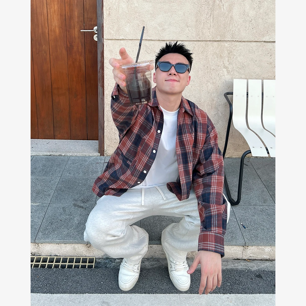 YIHAO STUDIO秋季新款男士暗红格子衬衫男款宽松复古潮流长袖衬衣
