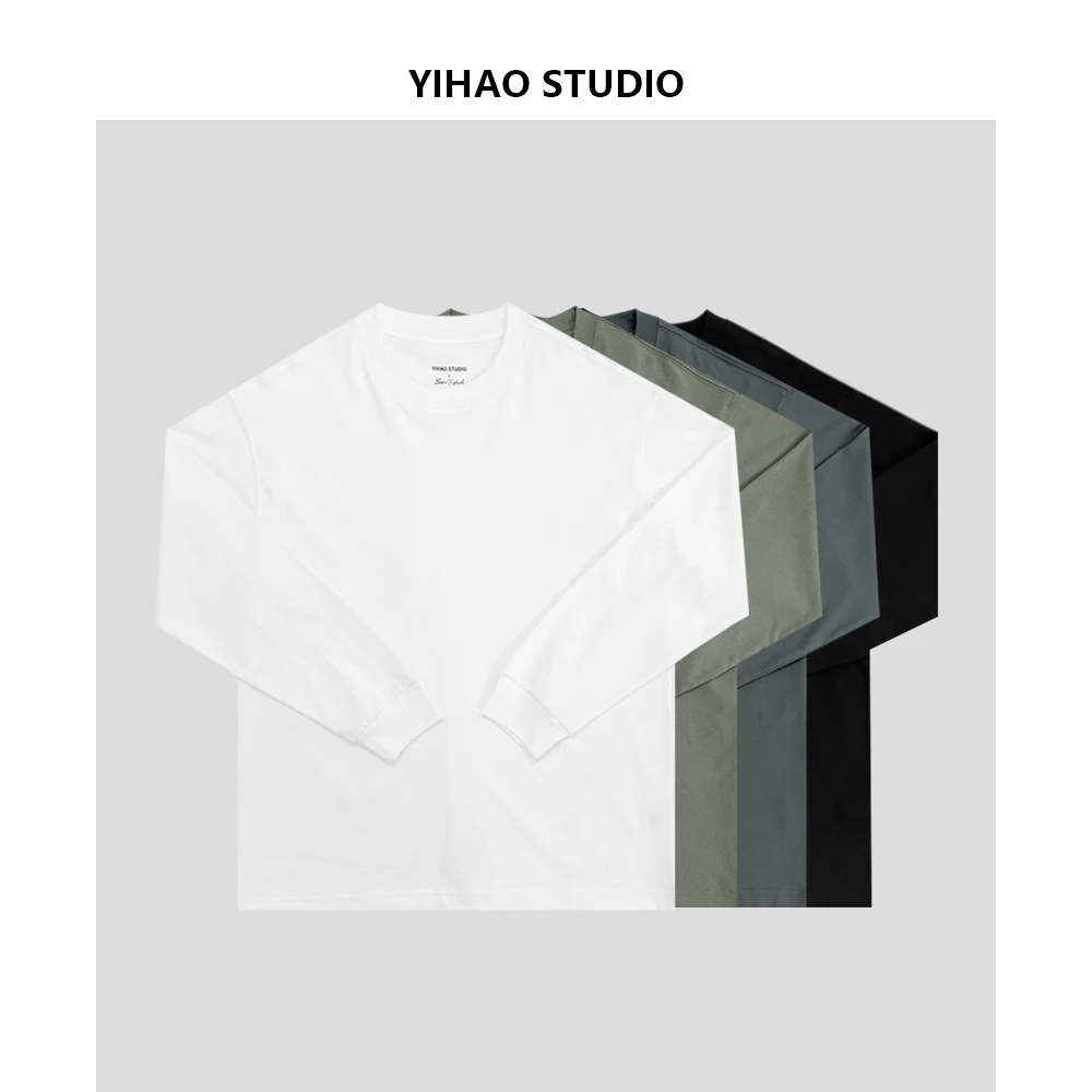 YIHAO STUDIO秋季男士百搭纯色打底T恤长袖圆领舒适白色黑色内搭