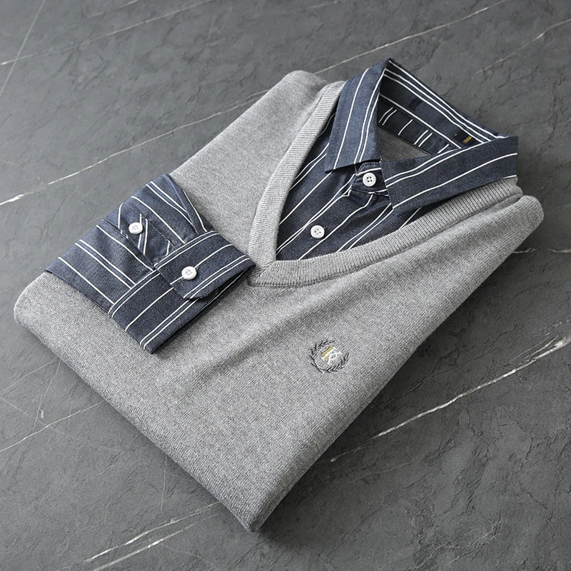 H650剪标春秋季时尚衬衫领字母绣花弹力假两件针织衫