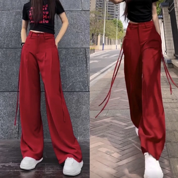 春夏设计感飘带时尚阔腿西裤垂感直筒休闲西装裤女休闲裤显瘦气质